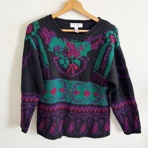 Vintage 90s black printed grandma core long sleeve chunky ramie cotton sweater M
